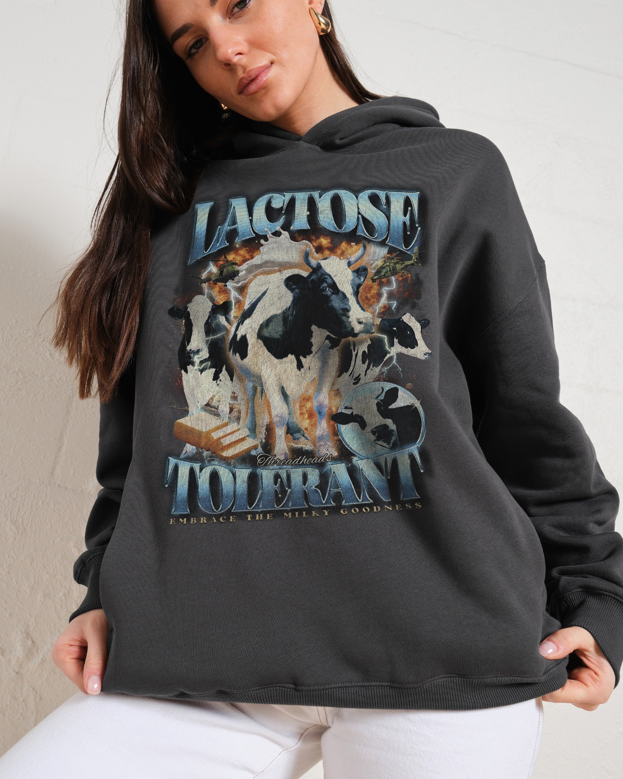 Lactose Tolerant Unisex Graphic Hoodie - 90s Boxy Fit, 340gsm Cotton-Poly Blend
