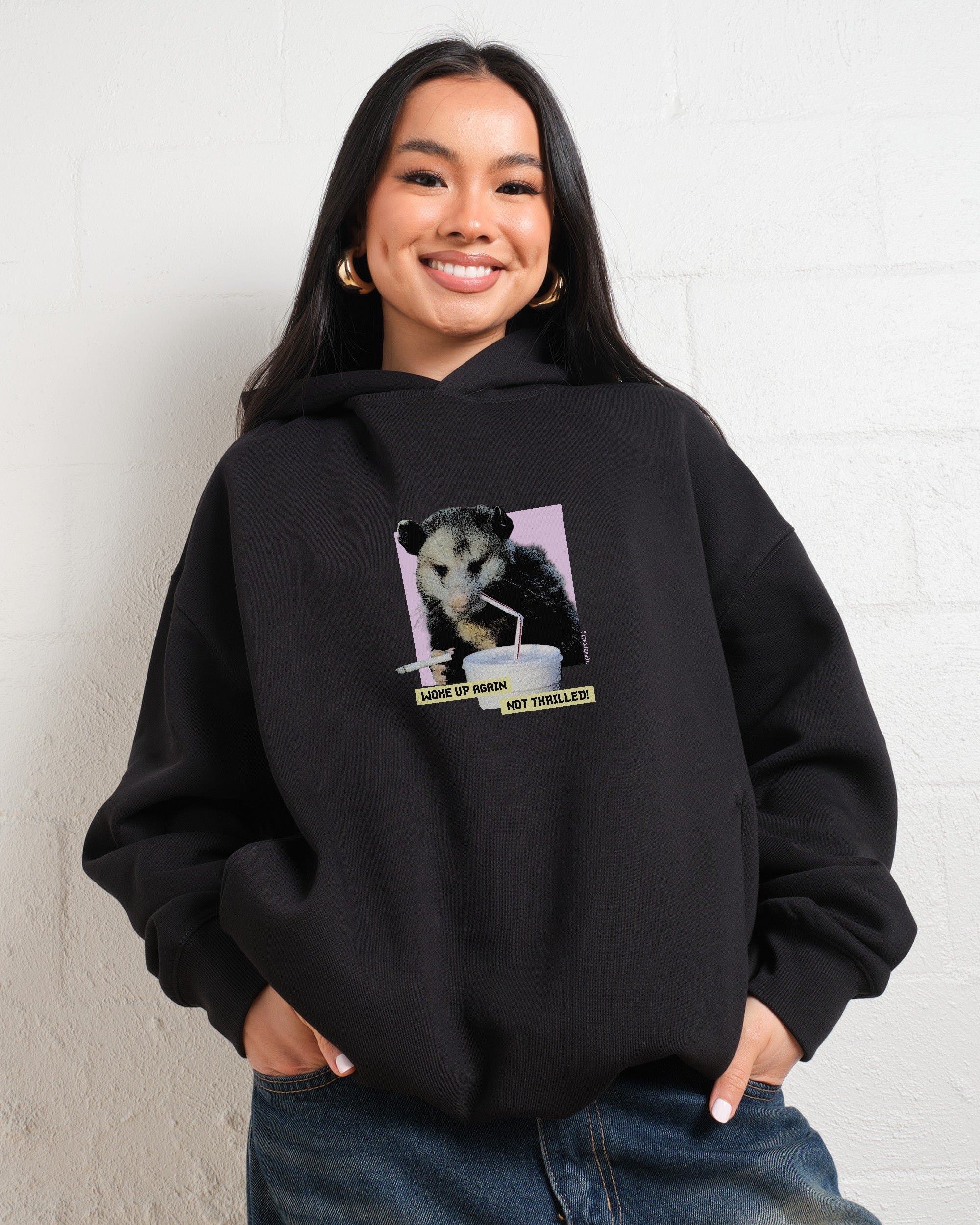 Woke Up Again, Not Thrilled Unisex Graphic Hoodie - 90s Boxy Fit, 340gsm Cotton-Poly Blend