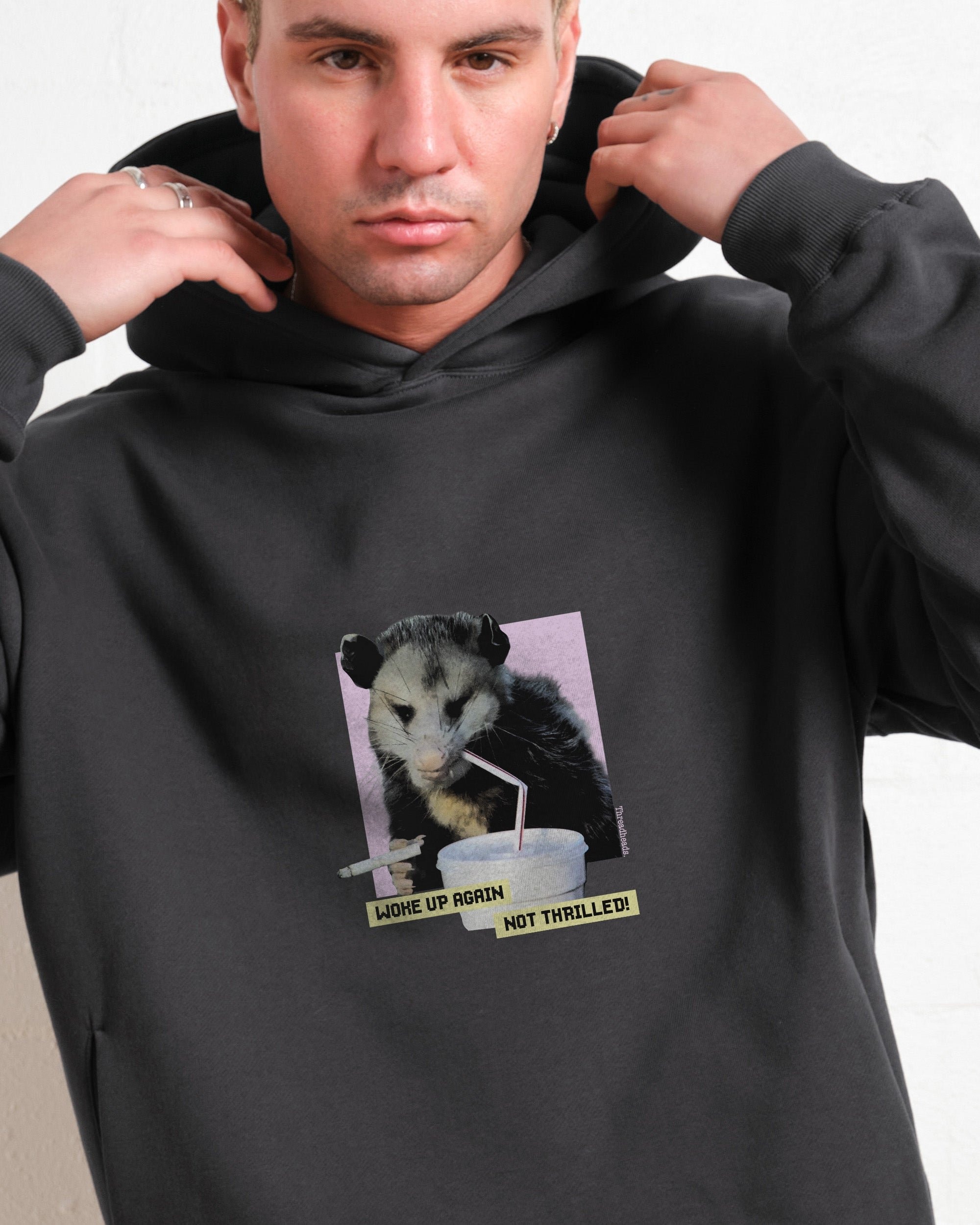 Woke Up Again, Not Thrilled Unisex Graphic Hoodie - 90s Boxy Fit, 340gsm Cotton-Poly Blend