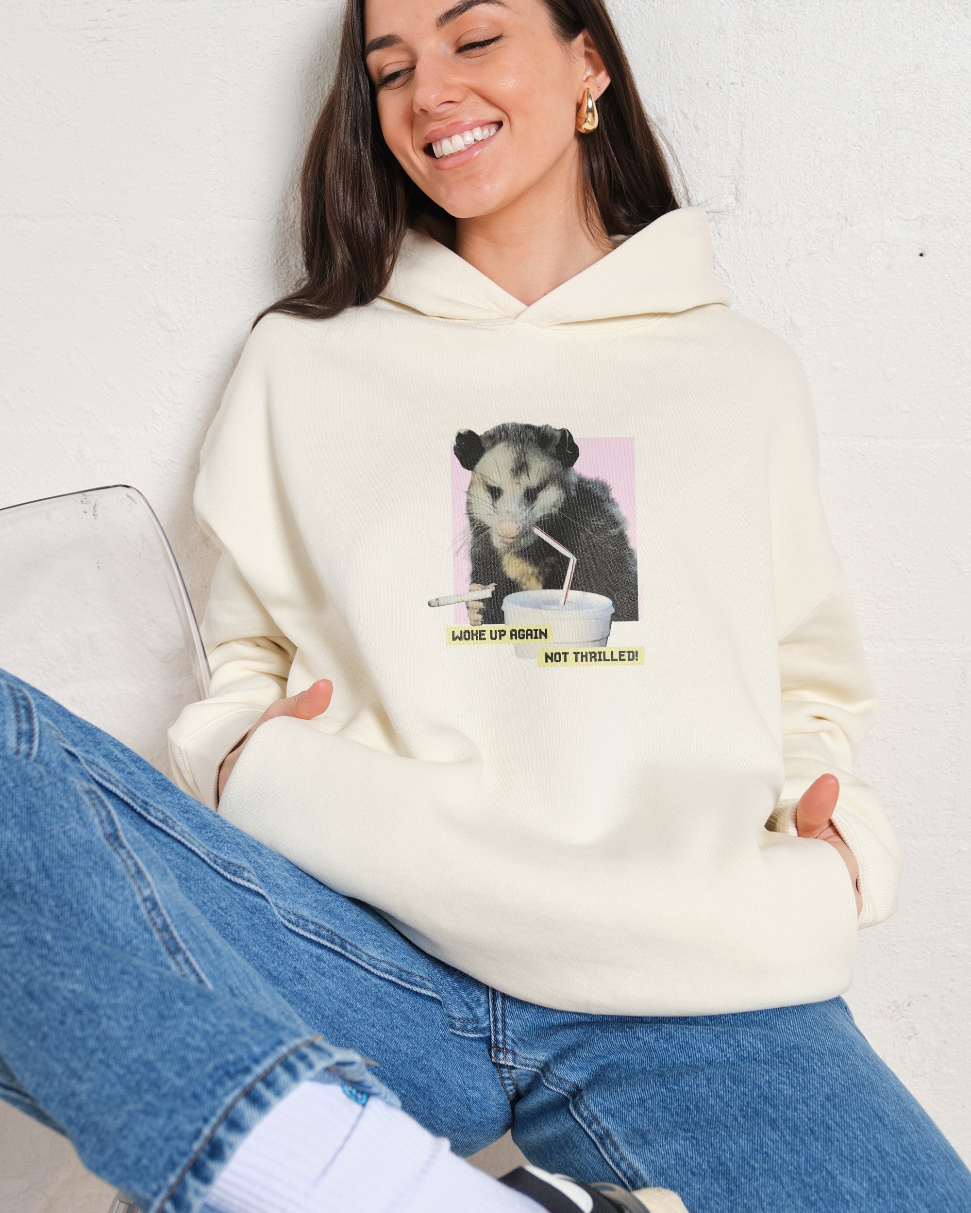 Woke Up Again, Not Thrilled Unisex Graphic Hoodie - 90s Boxy Fit, 340gsm Cotton-Poly Blend