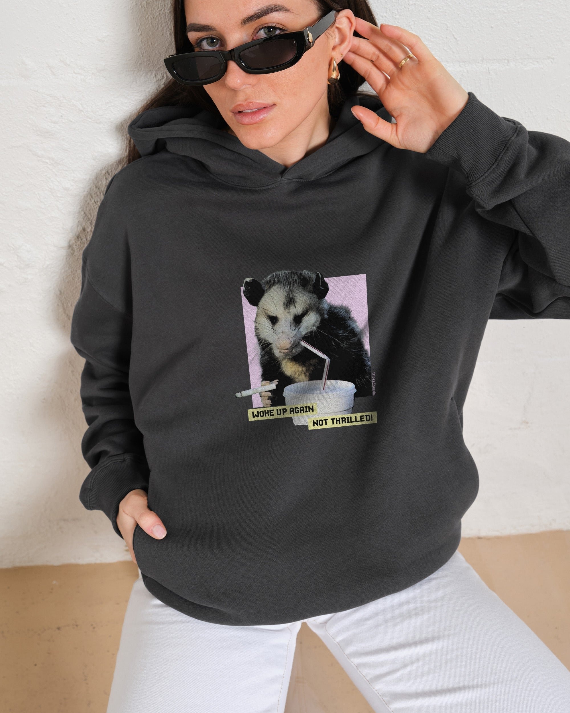 Woke Up Again, Not Thrilled Unisex Graphic Hoodie - 90s Boxy Fit, 340gsm Cotton-Poly Blend