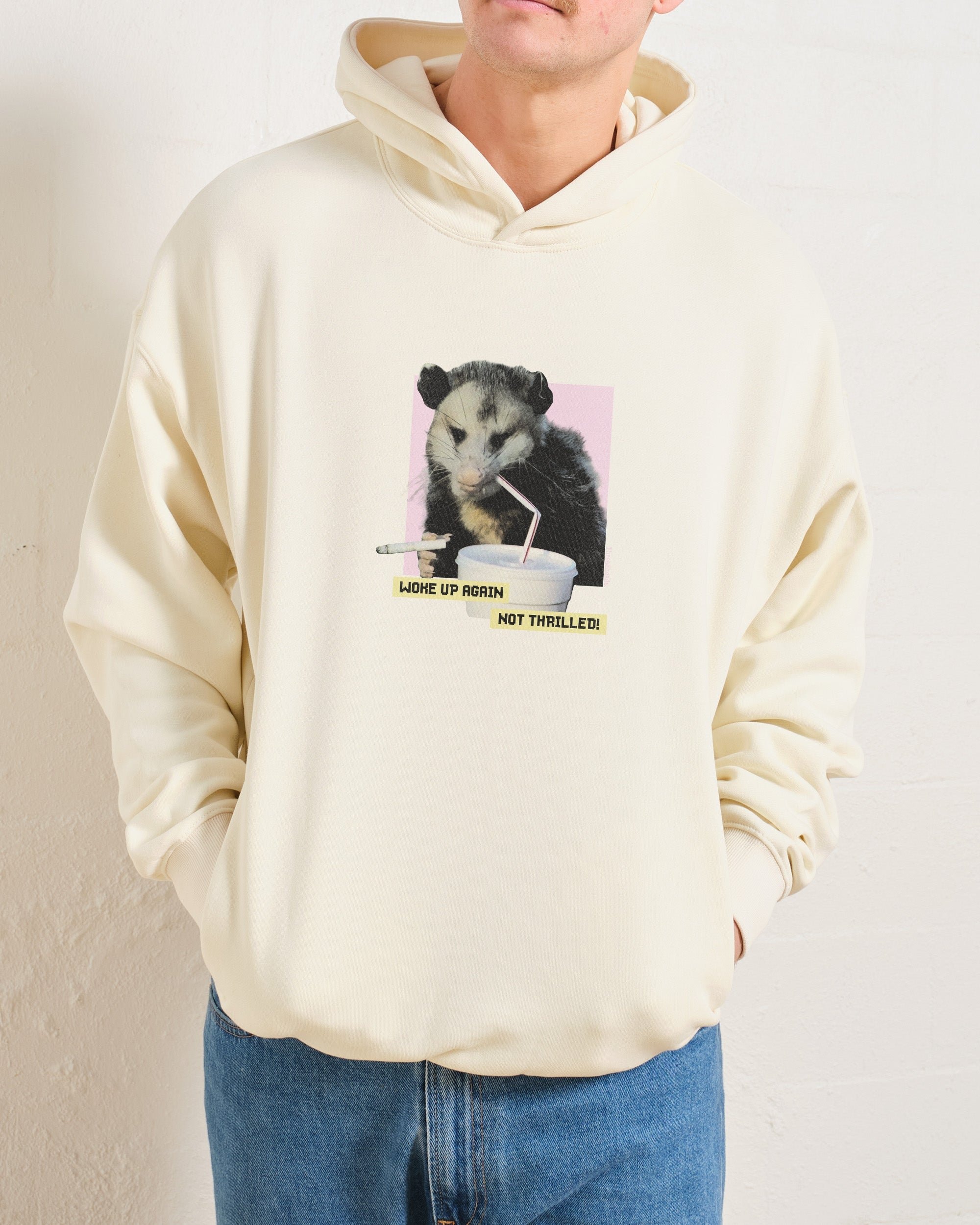 Woke Up Again, Not Thrilled Unisex Graphic Hoodie - 90s Boxy Fit, 340gsm Cotton-Poly Blend