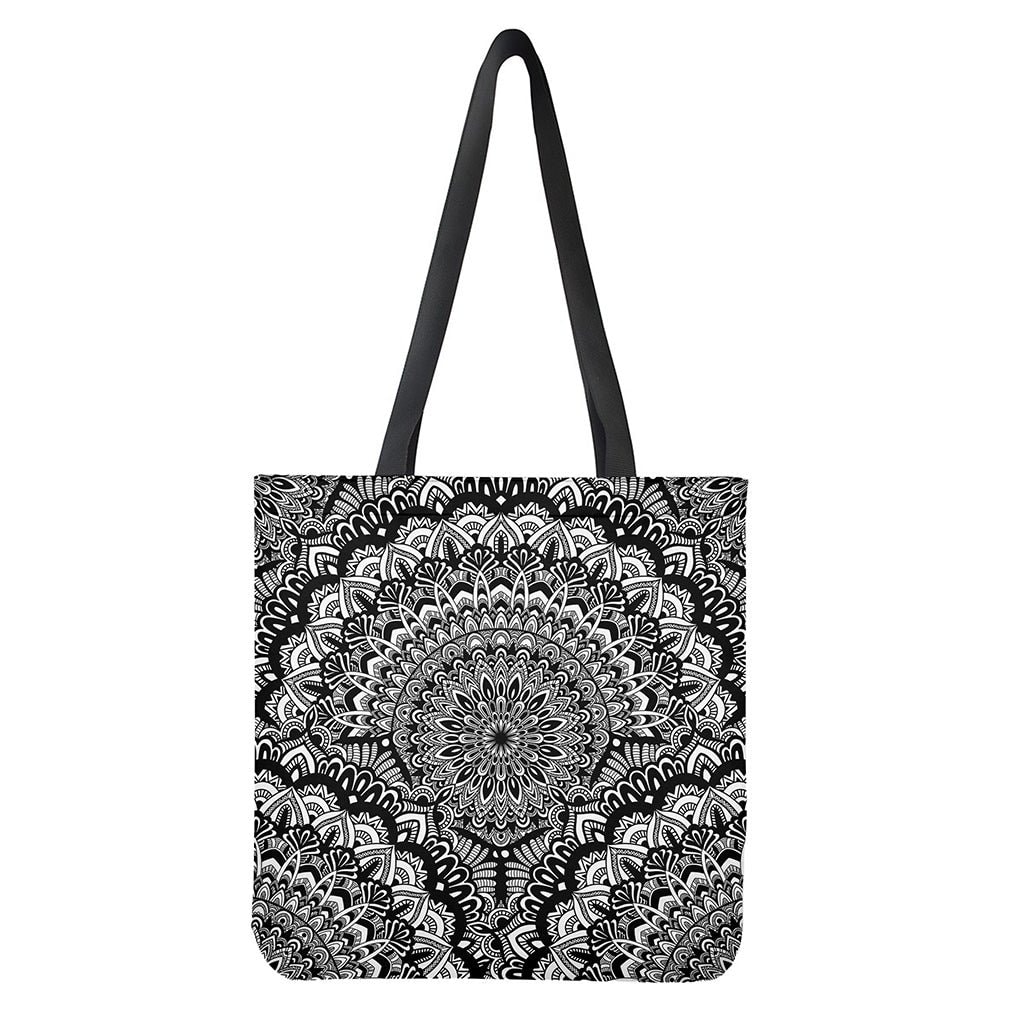 White and Black Mandala Print Tote Bag - Polyester Double-Sided Handcrafted